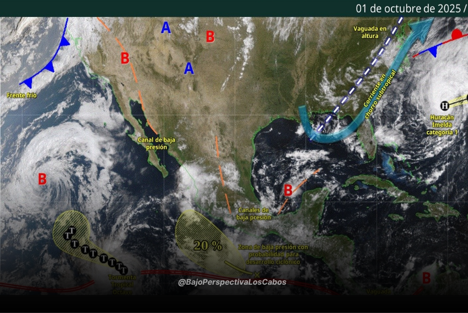 Gráfico mostrando sistemas meteorológicos afectando a México
