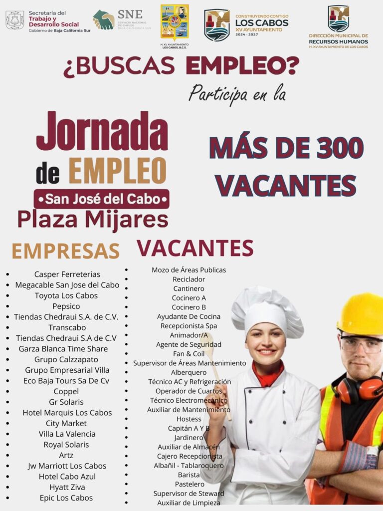 Vacantes a ofertarse en feria del empleo en San José del Cabo