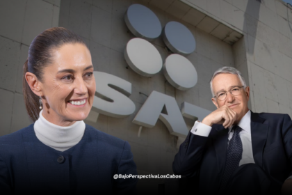 Sheinbaum y Salinas Pliego con logo del Sat al fondo